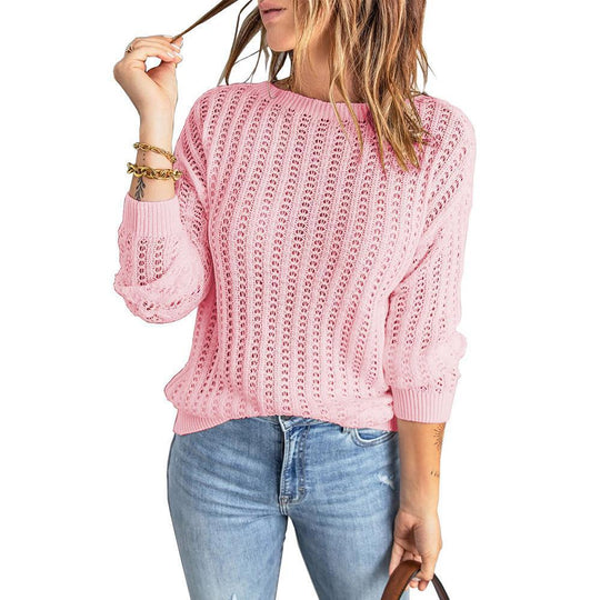 Damen Lockerer Ajour-Strickpullover mit Rundhalsausschnitt und Rippbündchen Shop Nory