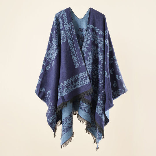 Damen Jacquard-Umhangponcho mit Paisley-Muster und Fransen Shop Nory
