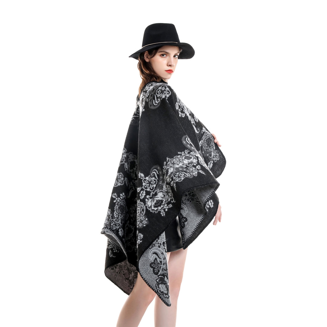 Damen Reversibler Strick-Umhang mit floraler Jacquard‑Webung und Zierkettelnaht Shop Nory