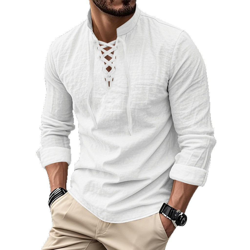 Herren nan Leinenoptik Langarmshirt mit Schnürung V-Ausschnitt und Stehkragen Shop Nory