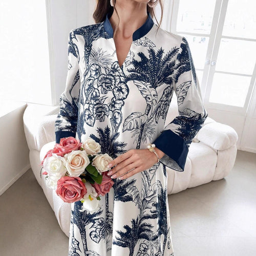 Damen Maxikleid in Satinoptik mit Palmenprint, Stehkragen und weitem 3/4-Ärmel Shop Nory