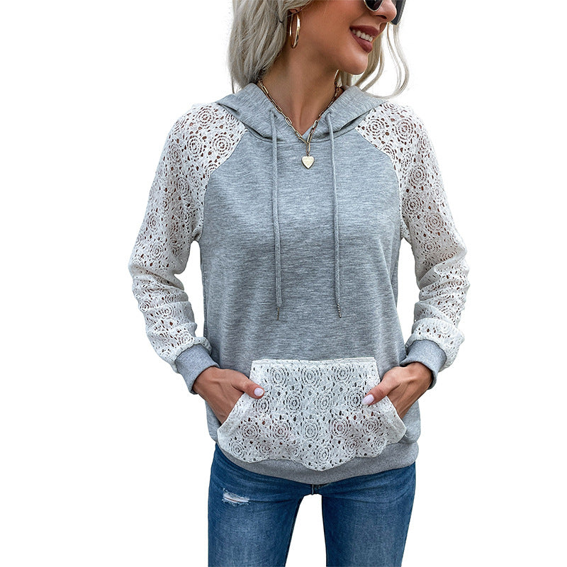 Damen Kapuzenpullover aus Sweat mit floralen Spitzeneinsätzen an Ärmeln und Kängurutasche Shop Nory