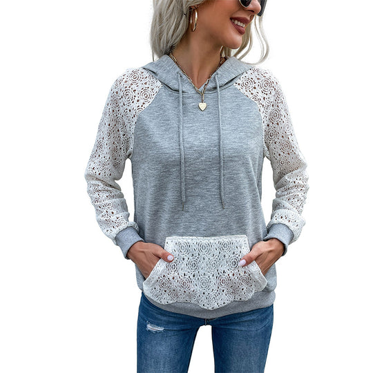 Damen Kapuzenpullover aus Sweat mit floralen Spitzeneinsätzen an Ärmeln und Kängurutasche Shop Nory