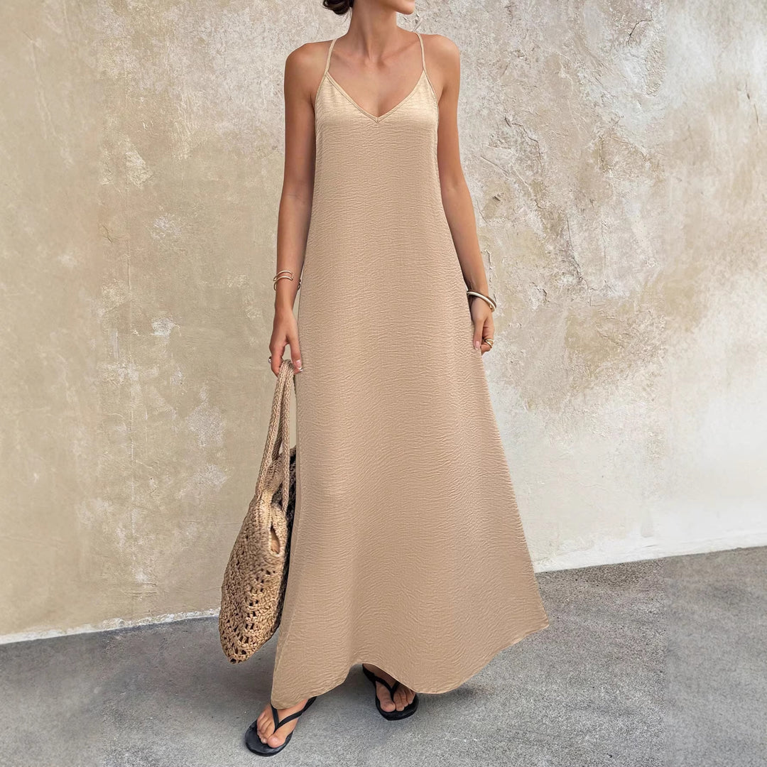 Damen Fließendes Maxikleid mit Spaghettiträgern, V-Ausschnitt und sommerlicher Leinenoptik Shop Nory