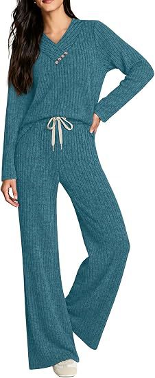 Damen Weiches Rippstrick-Lounge-Set mit V-Ausschnitt und Kordelbund Shop Nory