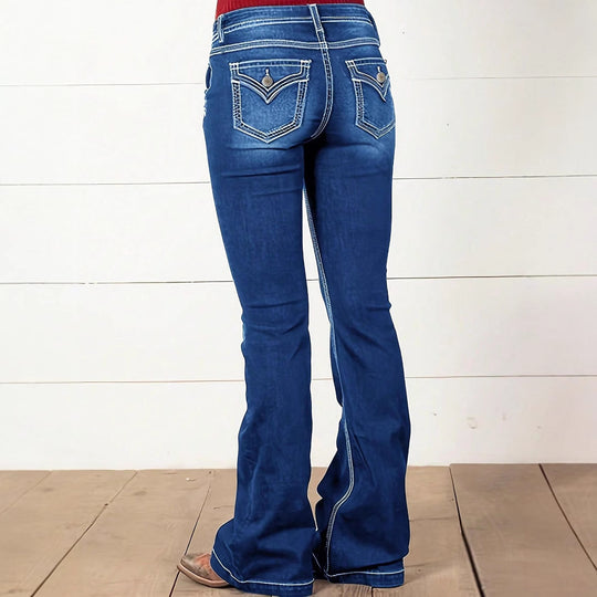 Damen Taillenbetonte Bootcut-Jeans mit Zierknopf-Applikation und Kontrastnähten Shop Nory