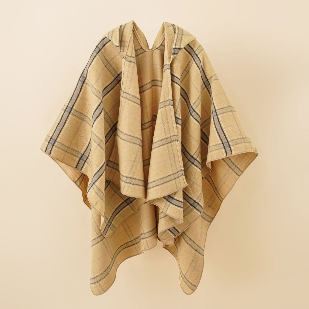 Damen Kapuzen-Poncho mit Karomuster, weichfallender Wollmix und offenem Oversize-Fall Shop Nory