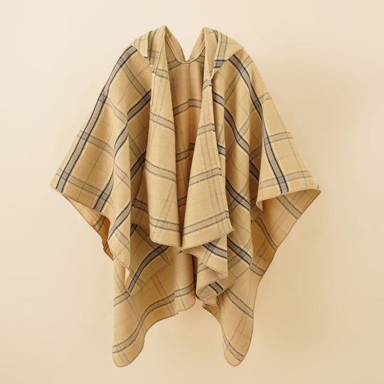 Damen Kapuzen-Poncho mit Karomuster, weichfallender Wollmix und offenem Oversize-Fall Shop Nory