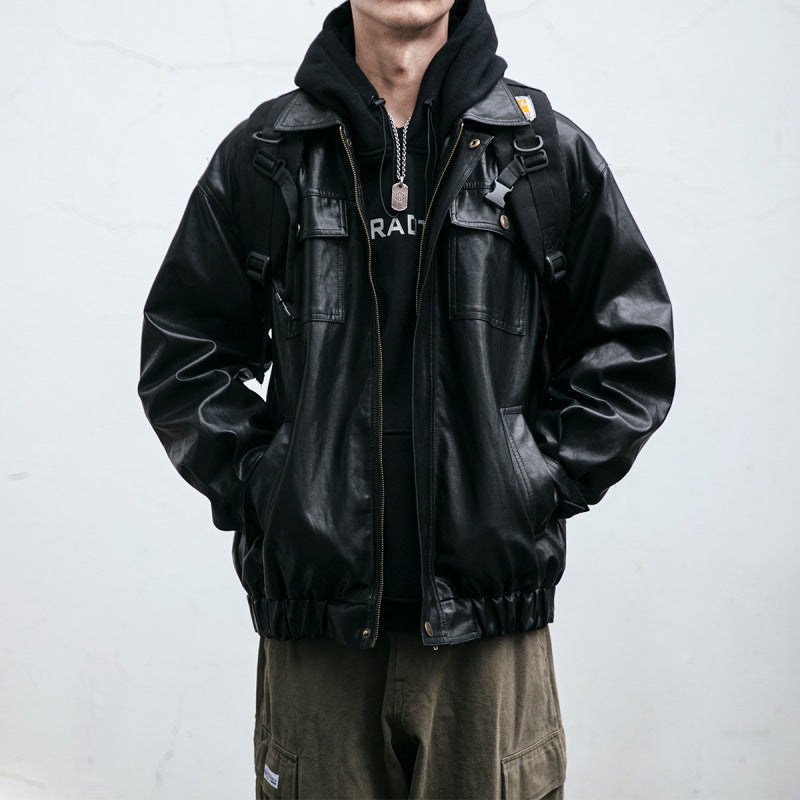 Herren Oversized Lederoptik-Utility-Jacke mit Pattentaschen und elastischem Saum Shop Nory