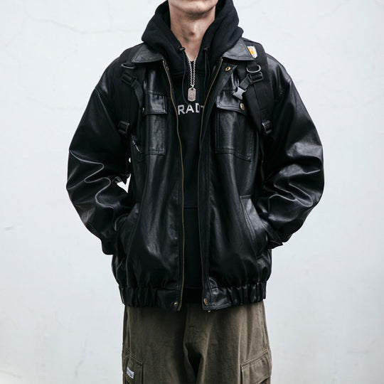 Herren Oversized Lederoptik-Utility-Jacke mit Pattentaschen und elastischem Saum Shop Nory