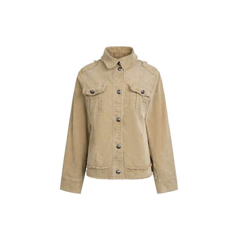 Damen Kurz geschnittene Cordjacke mit Fransenabschlüssen, Hemdkragen und Pattentaschen Shop Nory