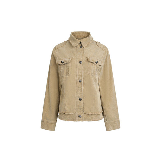 Damen Kurz geschnittene Cordjacke mit Fransenabschlüssen, Hemdkragen und Pattentaschen Shop Nory