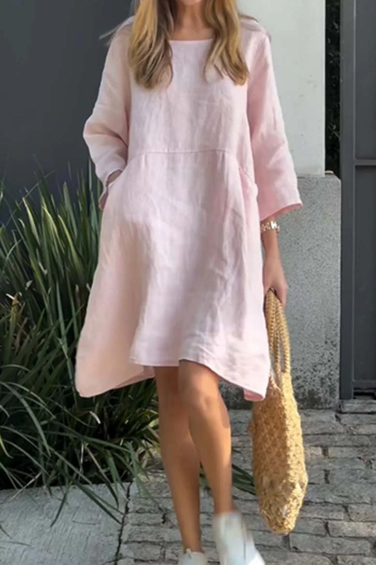Damen lässiges Leinenkleid mit praktischen Taschen und asymmetrischem Saum