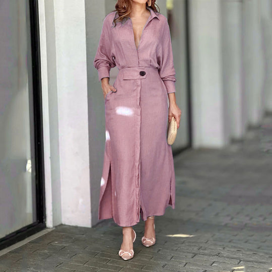 Damen Leinen-Maxikleid mit Hemdkragen, Taillengürtel und seitlichen Beinschlitzen Shop Nory