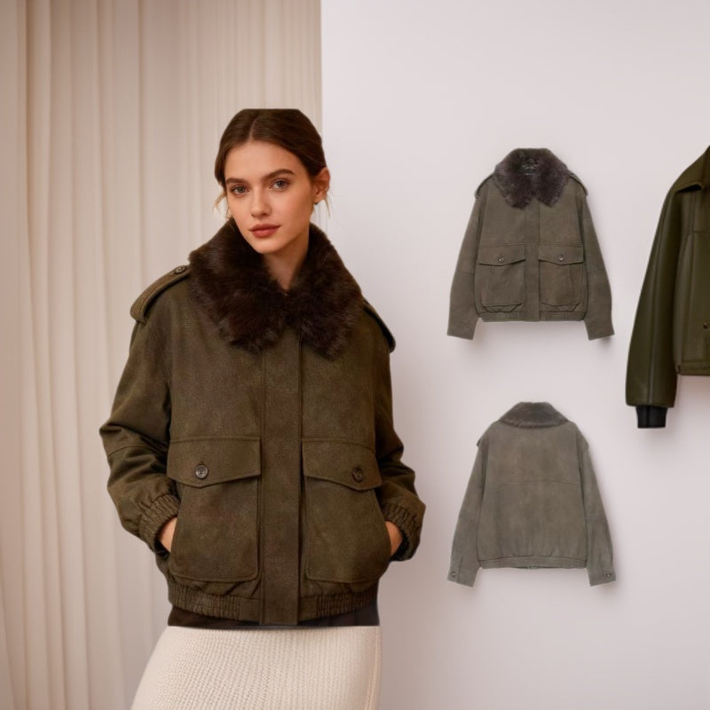 Damen Kurzjacke in Velourslederoptik mit abnehmbarem Fellkragen und Pattentaschen Shop Nory