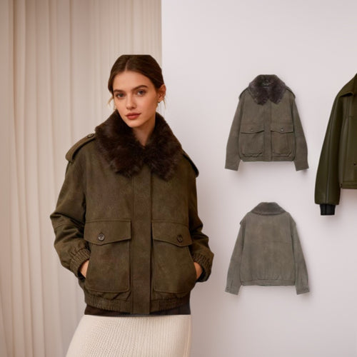 Damen Kurzjacke in Velourslederoptik mit abnehmbarem Fellkragen und Pattentaschen Shop Nory