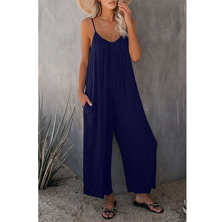 Damen Lässiger Sommer-Jumpsuit mit tiefem Ausschnitt und praktischen Taschen