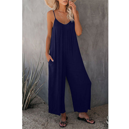 Damen Lässiger Sommer-Jumpsuit mit tiefem Ausschnitt und praktischen Taschen