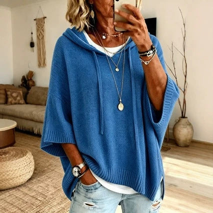 Damen Oversize Strick-Poncho mit Kapuze, Fledermausärmeln und Seitenschlitzen Shop Nory