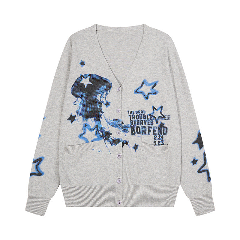 Damen Geknöpfte V‑Neck Strickjacke mit Allover-Print, Eingrifftaschen und geripptem Saum Shop Nory