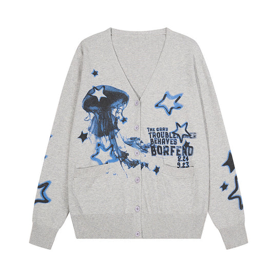 Damen Geknöpfte V‑Neck Strickjacke mit Allover-Print, Eingrifftaschen und geripptem Saum Shop Nory