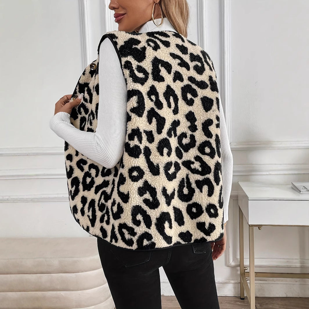 Damen nan gefütterte Teddyweste mit Leopardenstruktur, Knopfleiste und steppeinsätzen Shop Nory