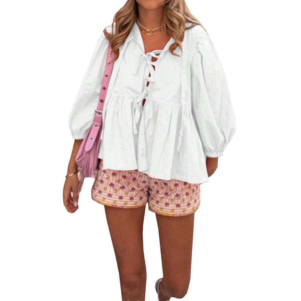 Damen lockere Volant-Peasantbluse mit Schnürdetail, dreiviertel Ballonärmeln und geraffter Empirenaht Shop Nory