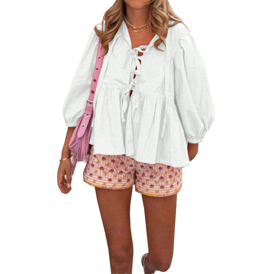 Damen lockere Volant-Peasantbluse mit Schnürdetail, dreiviertel Ballonärmeln und geraffter Empirenaht Shop Nory
