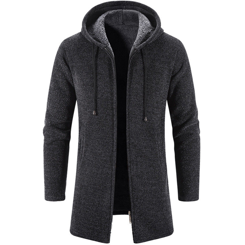 Herren langer Kapuzenstrickmantel mit Teddyfutter, durchgehendem Reißverschluss und seitlichen Eingrifftaschen Shop Nory