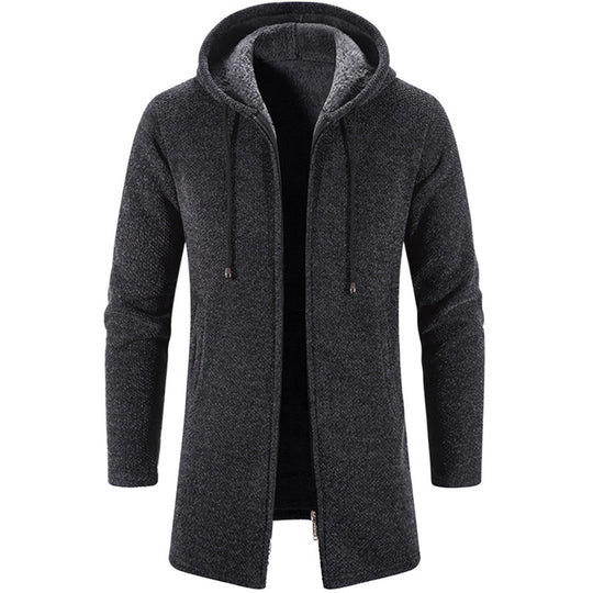 Herren langer Kapuzenstrickmantel mit Teddyfutter, durchgehendem Reißverschluss und seitlichen Eingrifftaschen Shop Nory