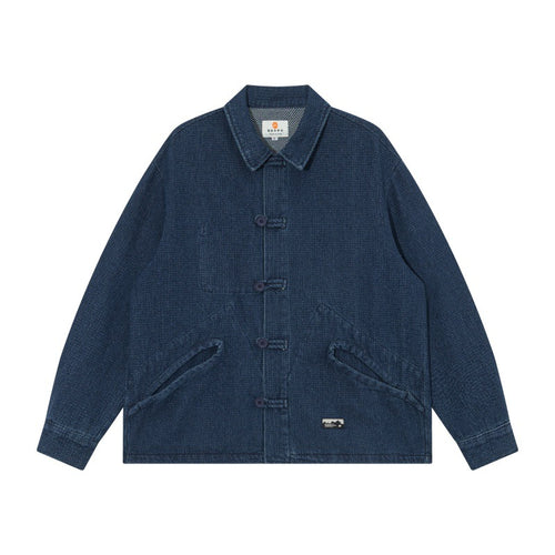 Herren Kurz geschnittene Denim-Chorejacke im Boxy-Blousonstil mit chinesischer Knebelknopfleiste Shop Nory