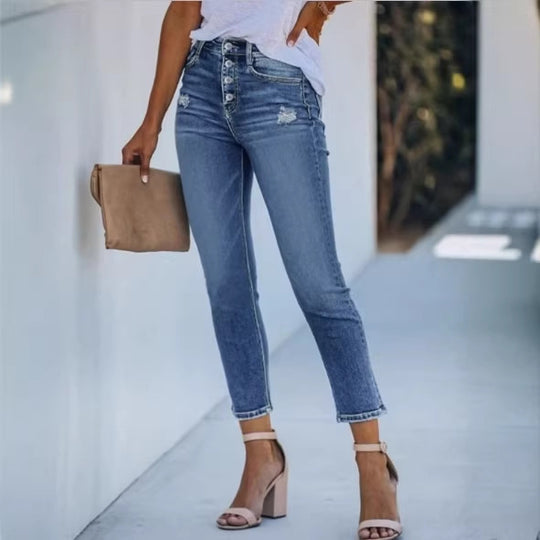 Damen Hochtaillierte Slim-Jeans mit sichtbarer Knopfleiste und knöchellanger Passform Shop Nory