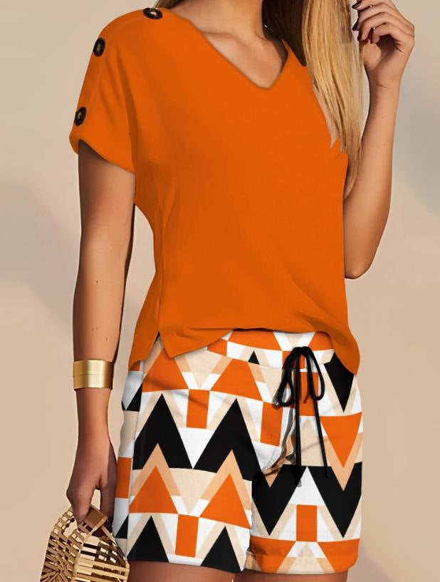 Damen lässiger Shorts-Set mit Knopfdetail und V-Ausschnitt