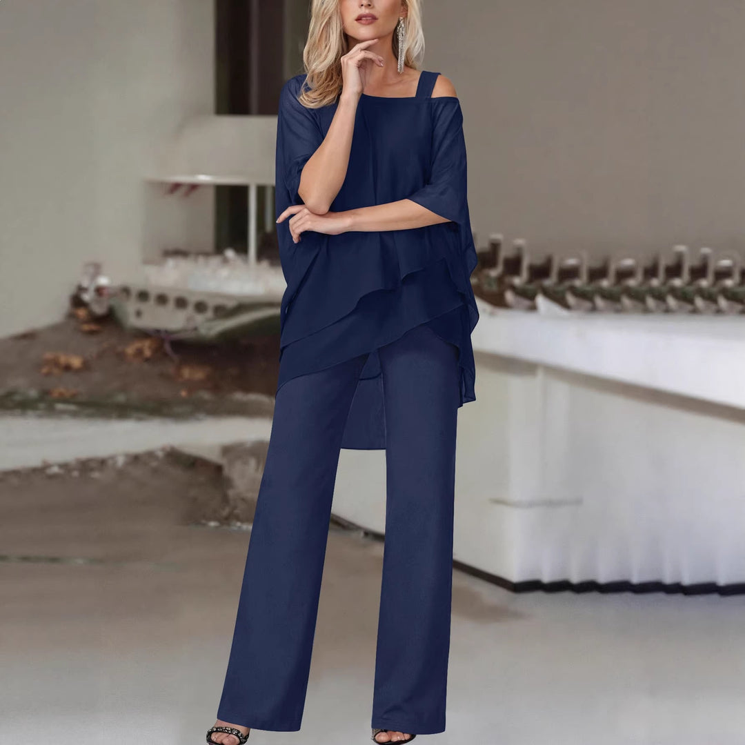 Damen Elegantes Chiffon-Zweiteiler mit Lagen‑Tunika, asymmetrischem Ein‑Schulter‑Detail und weiter Palazzohose Shop Nory