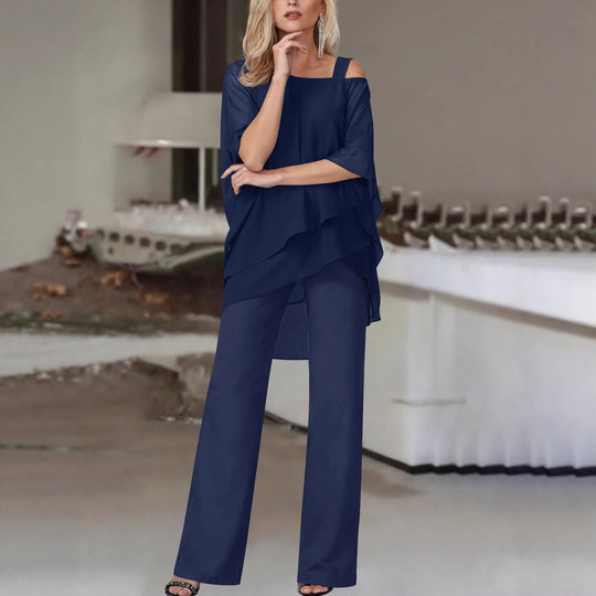 Damen Elegantes Chiffon-Zweiteiler mit Lagen‑Tunika, asymmetrischem Ein‑Schulter‑Detail und weiter Palazzohose Shop Nory