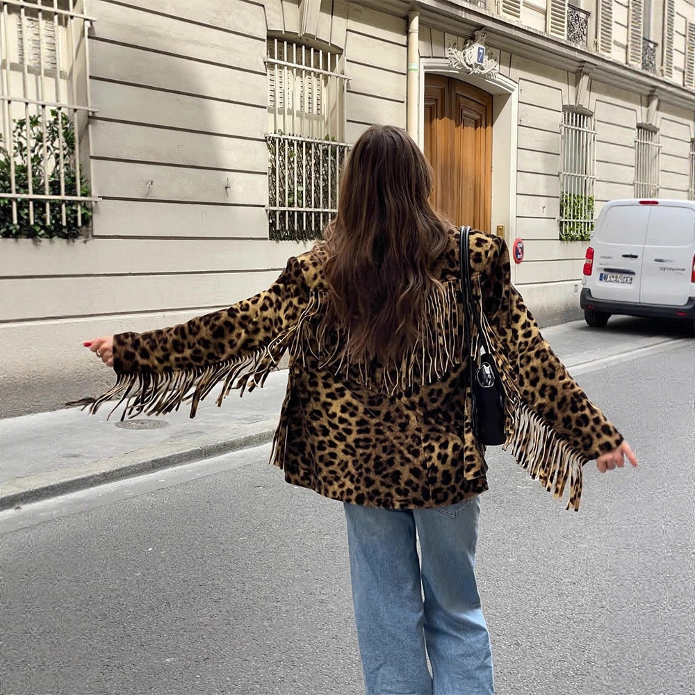 Damen Leoparden-Wildlederjacke mit Fransen und modischem Schnitt