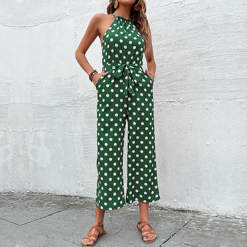 Damen eleganter Jumpsuit mit verstellbarem Bindegürtel und modischem Punkte-Design