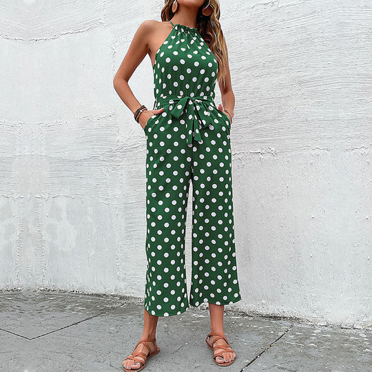 Damen eleganter Jumpsuit mit verstellbarem Bindegürtel und modischem Punkte-Design