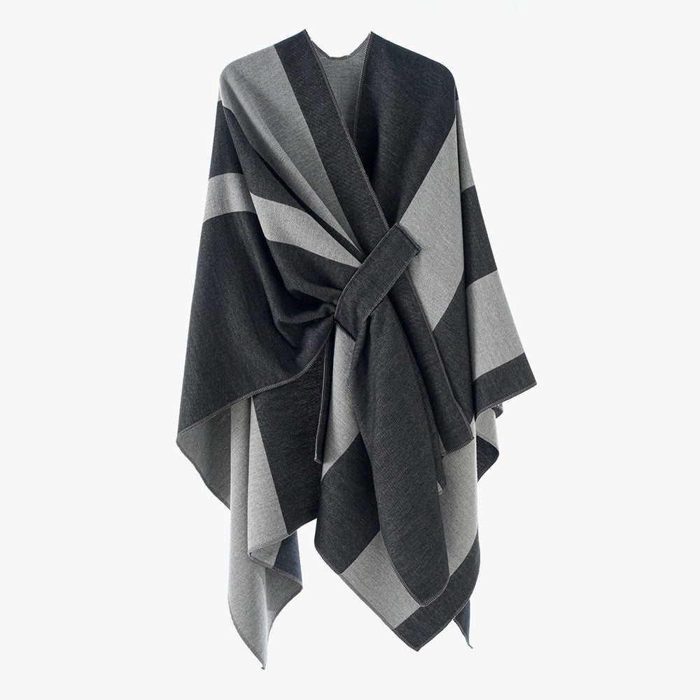 Damen Weicher Strickponcho mit Gürtel und Kontrastkante Shop Nory