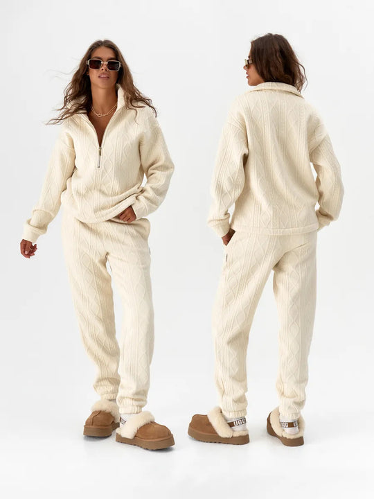 Damen Zopfstrick-Lounge-Set mit halbem Reißverschluss und hochtaillierter Jogginghose Shop Nory