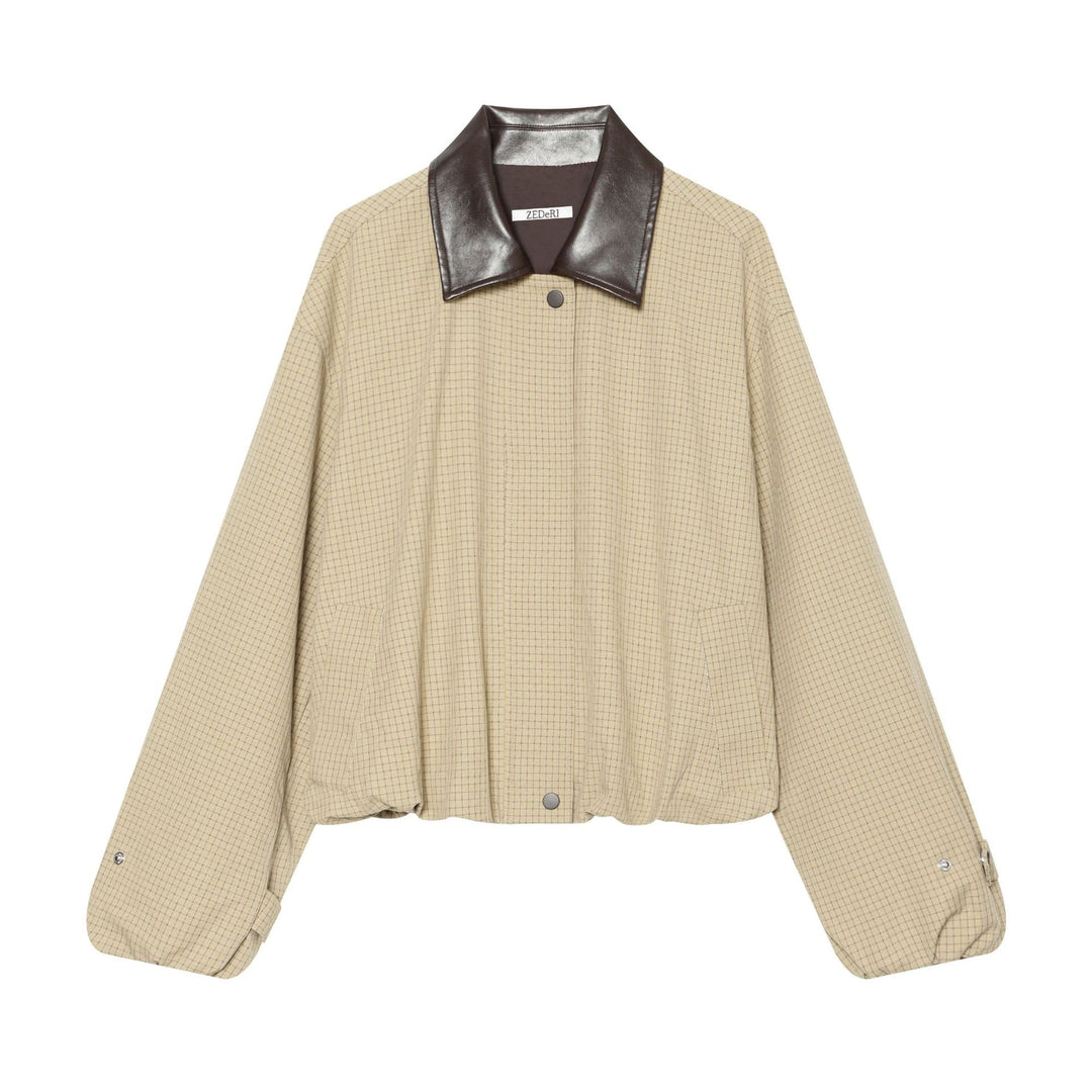 Damen Oversize-Boxy-Jacke mit Karomuster, Kunstleder-Revers und Kordelzugsaum Shop Nory
