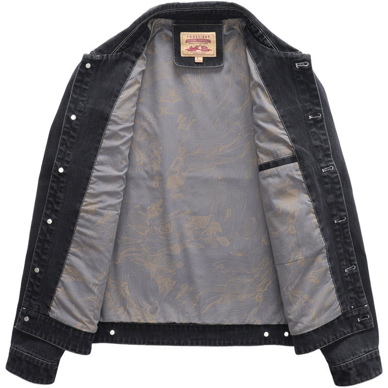 Herren Jeansjacke im Worker‑Stil mit gesticktem Feder‑Motiv und Innensatinfutter Shop Nory