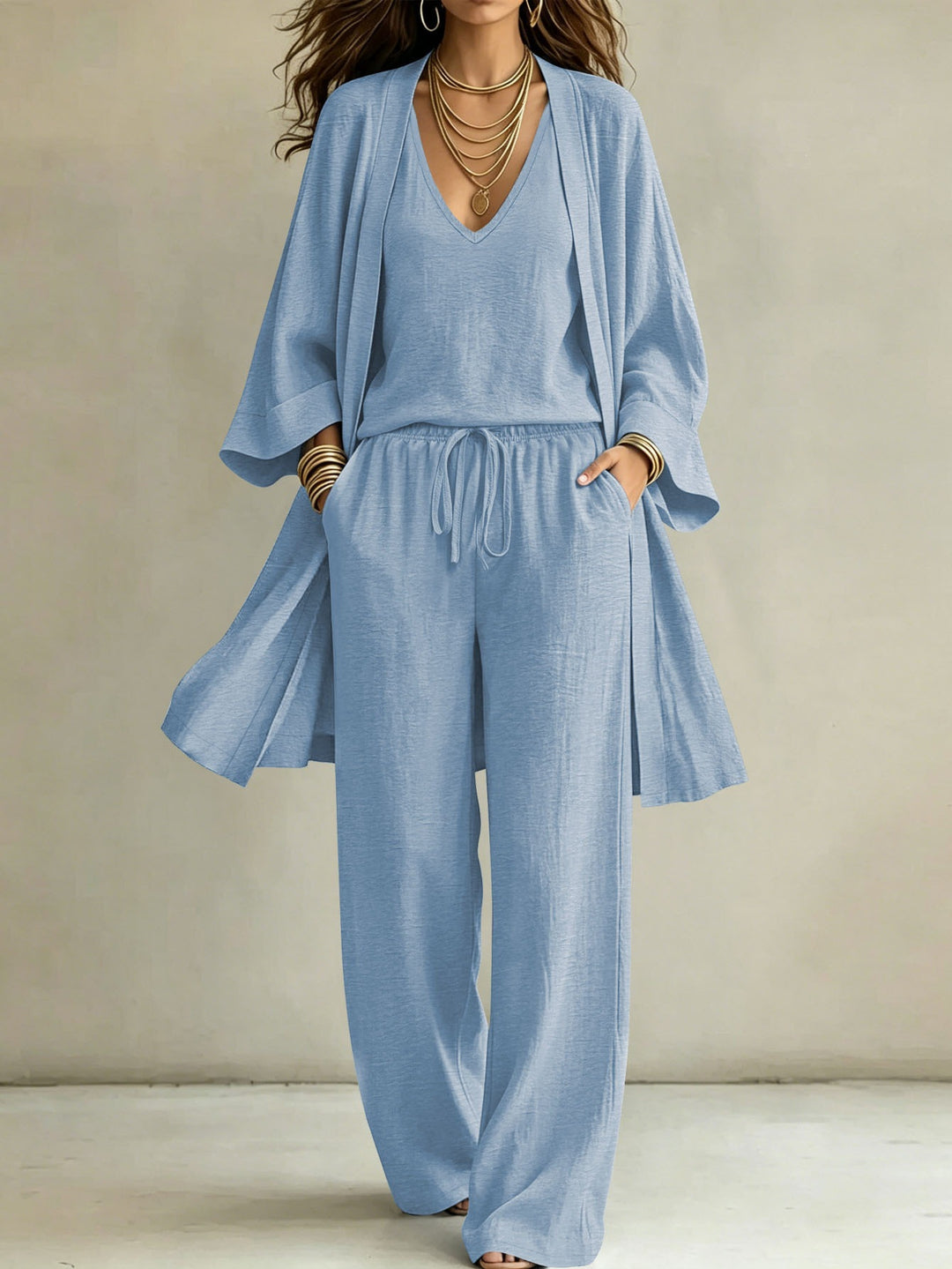Damen Lässiges Lounge-Set mit Kimono-Cardigan, V‑Ausschnitt-Shirt und weiter Kordelhose Shop Nory