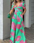 Damen Sommerliches Maxikleid mit voluminösen Puffärmeln und seitlichen Taschen Shopnory
