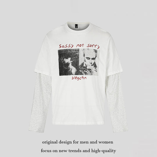 Damen Lagen-Langarmshirt im Layer-Look mit Fotoprint und Kontrastärmeln Shop Nory