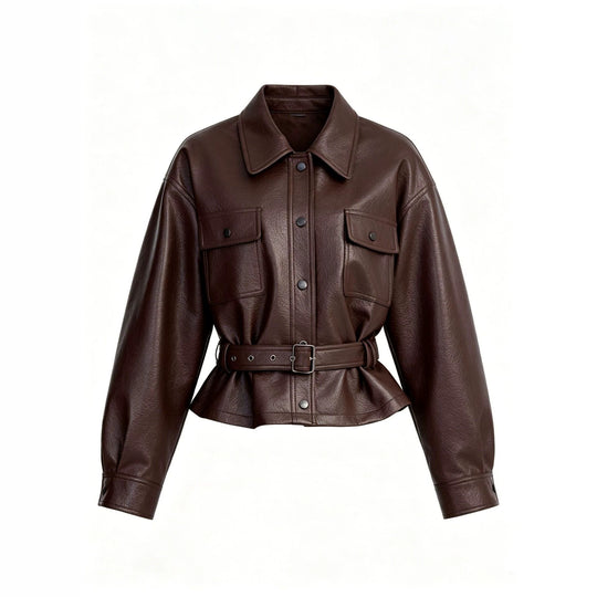 Damen Lederjacke mit Taillengürtel und Oversized-Schnitt Shop Nory