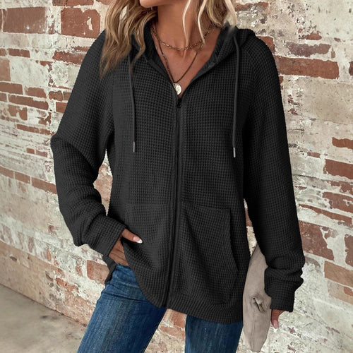 Damen Waffelstrick-Kapuzenjacke mit Reißverschluss, Kängurutaschen und entspannter Silhouette Shop Nory