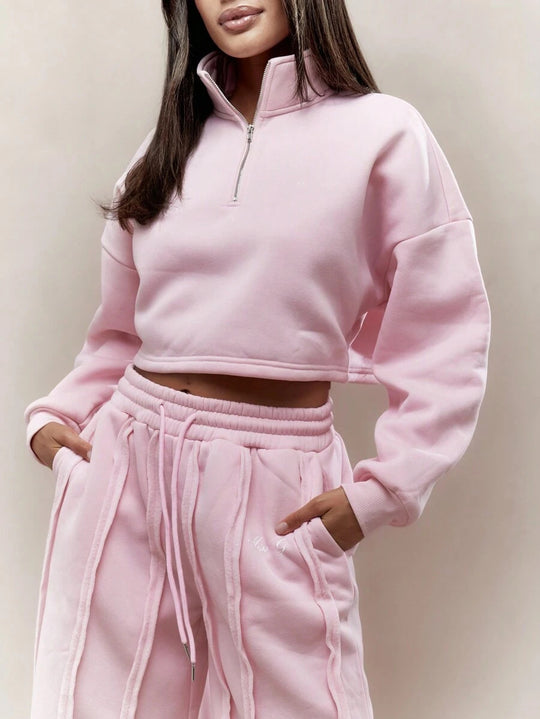 Damen Crop-Halbzip-Sweatshirt und High-Waist Wide-Leg Loungehose Set mit sichtbaren Naht-Details Shop Nory