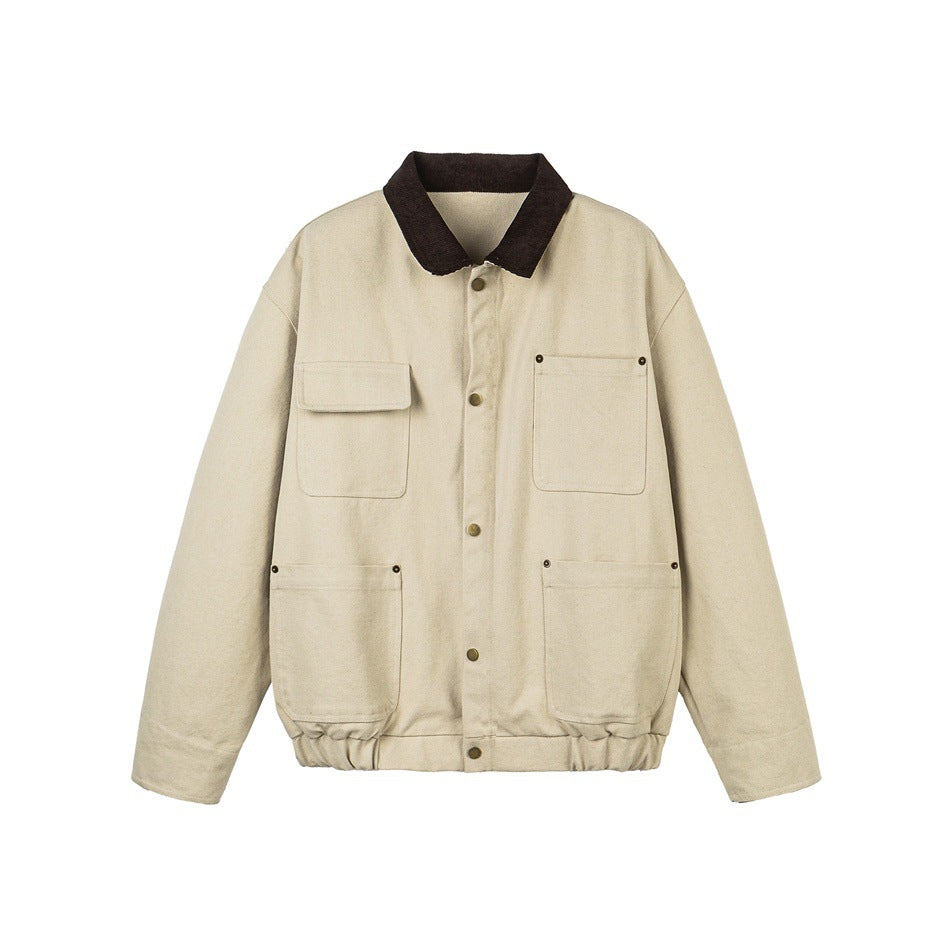 Unisex Kurz geschnittene Canvas-Fieldjacke mit Cordkragen und vier aufgesetzten Taschen Shop Nory