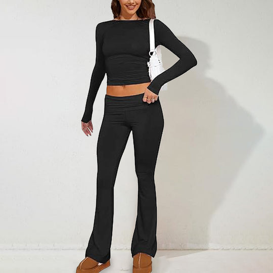Damen nan zweiteiliges Stretch-Lounge-Set mit tailliertem Langarm-Crop-Top und High‑Waist Schlagleggings Shop Nory